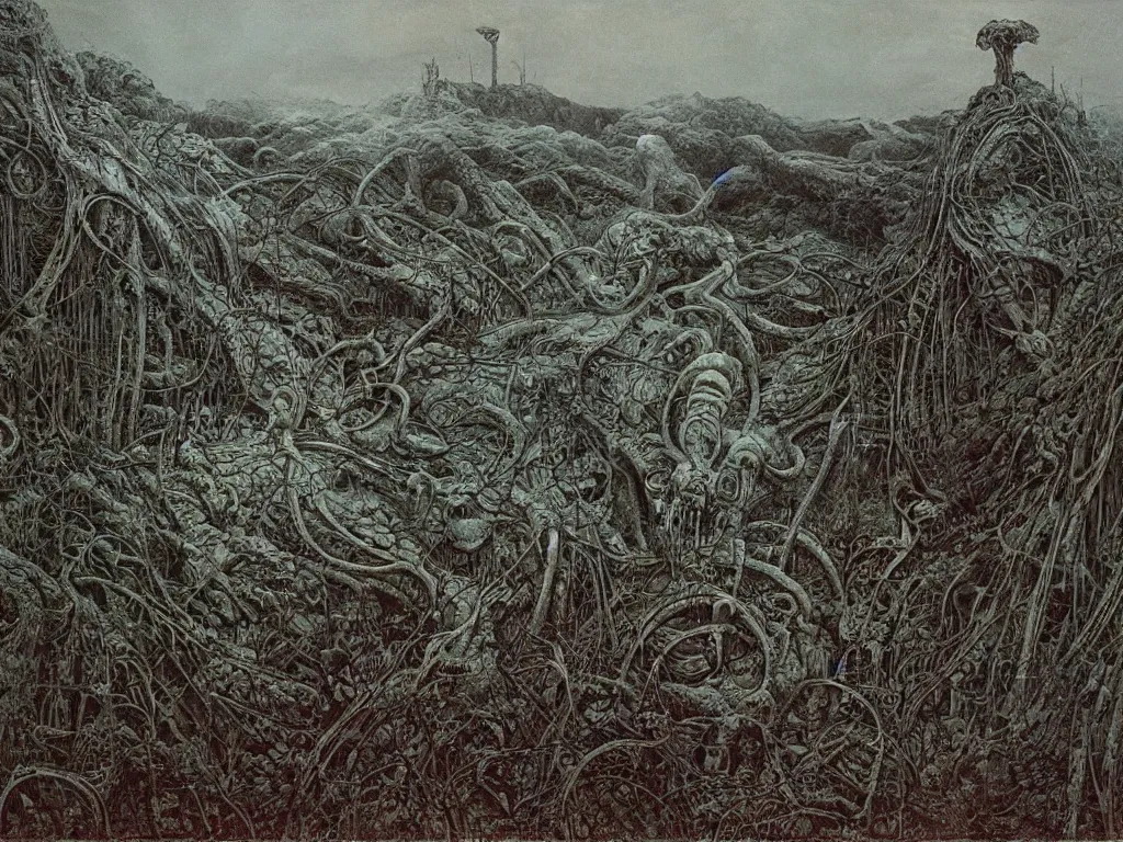 Image similar to landscape by H.R. Giger, Zdzislaw Beksinski, Todd McFarlane