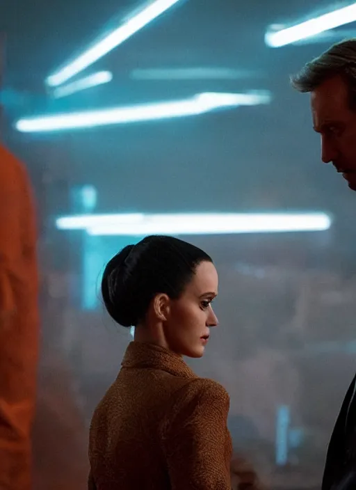 Image similar to a close - up, color cinema film still of saul goodman & katy perry in blade runner 2 0 4 9, cinematic lighting at night.