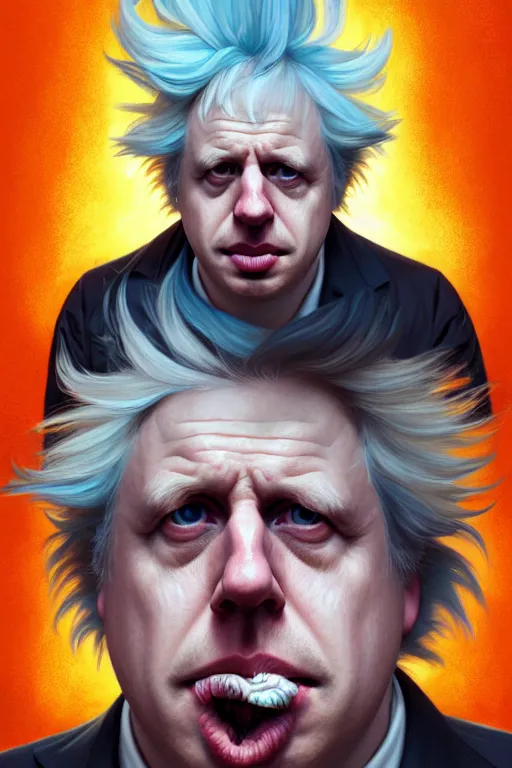 Image similar to Boris Johnson as Rick Sanchez, realistic portrait, symmetrical, highly detailed, digital painting, artstation, concept art, smooth, sharp focus, illustration, cinematic lighting, art by artgerm and greg rutkowski and alphonse mucha