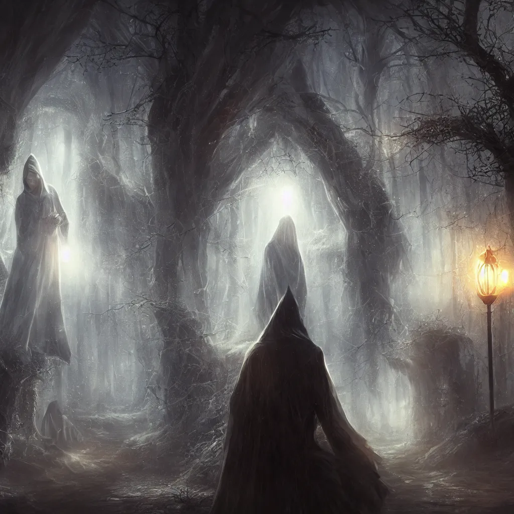 Image similar to high drama, distant hooded figures, hdr, luminescent invocations, diffuse magic, movie still, intricate highly detailed mystical prisms, fully photorealistic, artstation, beautiful concept art, smoothened, sharp luminescent focus, nd 6, sony fx 6