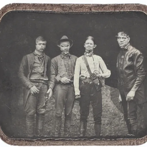 Image similar to tintype photo of hunters with a alien