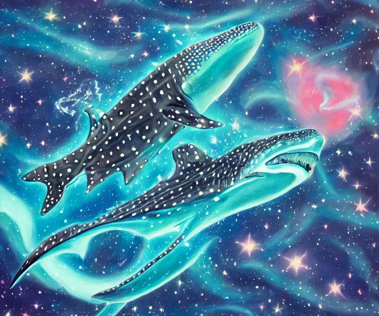 Image similar to gouache painting of a whale shark flying through a swirling, luminous nebula, elegant, ultra detailed