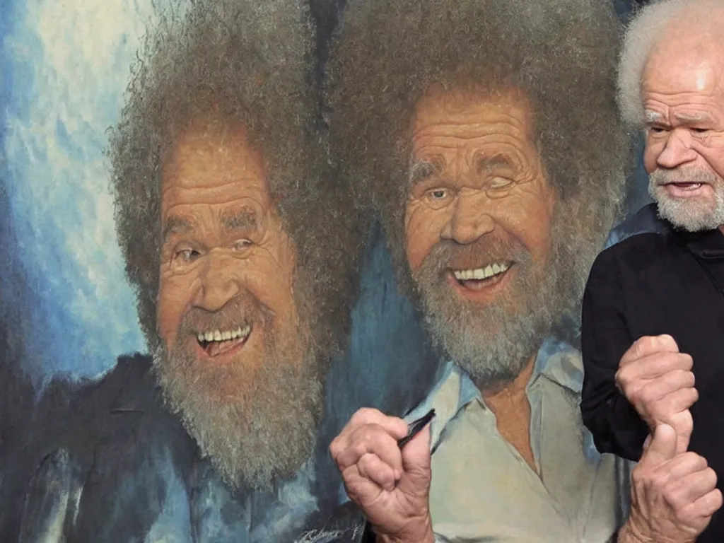 Image similar to old bob ross is sad and angry and yelling at a huge painting by bob ross