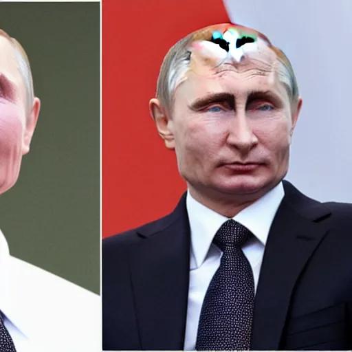 Image similar to putin teams up with a teenage putin, perfect faces