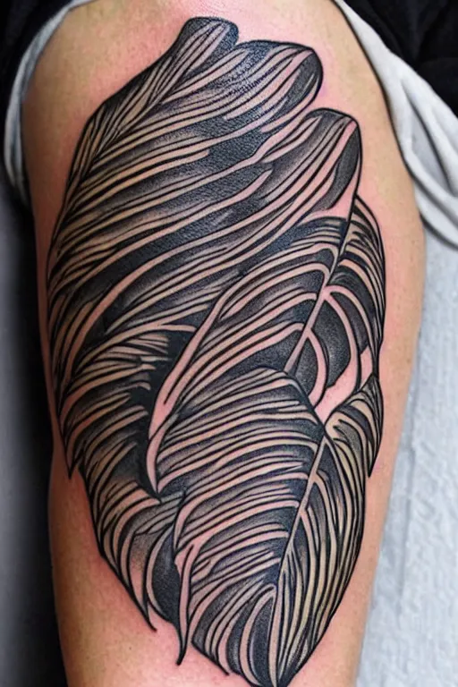 Prompt: tattoo of a monstera deliciosa leaf and a alocasia zebrina leaf, intricate, elegant, thin lines