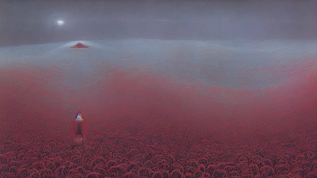 Image similar to scary landscape, surrealism, bright color pallet, painted by zdzisław beksinski