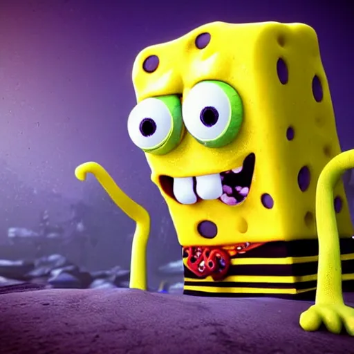 Image similar to ominous spongebob staring into your soul with realistic, slimy, tentacles in background, scary, rendered in blender, horror, gloomy, dark, terrifying, terror, frightful, super detailed octane render,