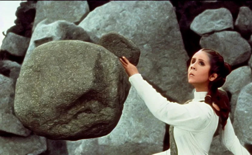 Image similar to portrait shot of Princess Leia lifting floating rocks outside a Jedi Temple scene from The Lost Jedi, 1970s film by Stanley Kubrick, serene, iconic scene, perfect shot of Carrie Fischer, stunning cinematography, hyper-detailed, sharp, anamorphic lenses, kodak color film, 4k