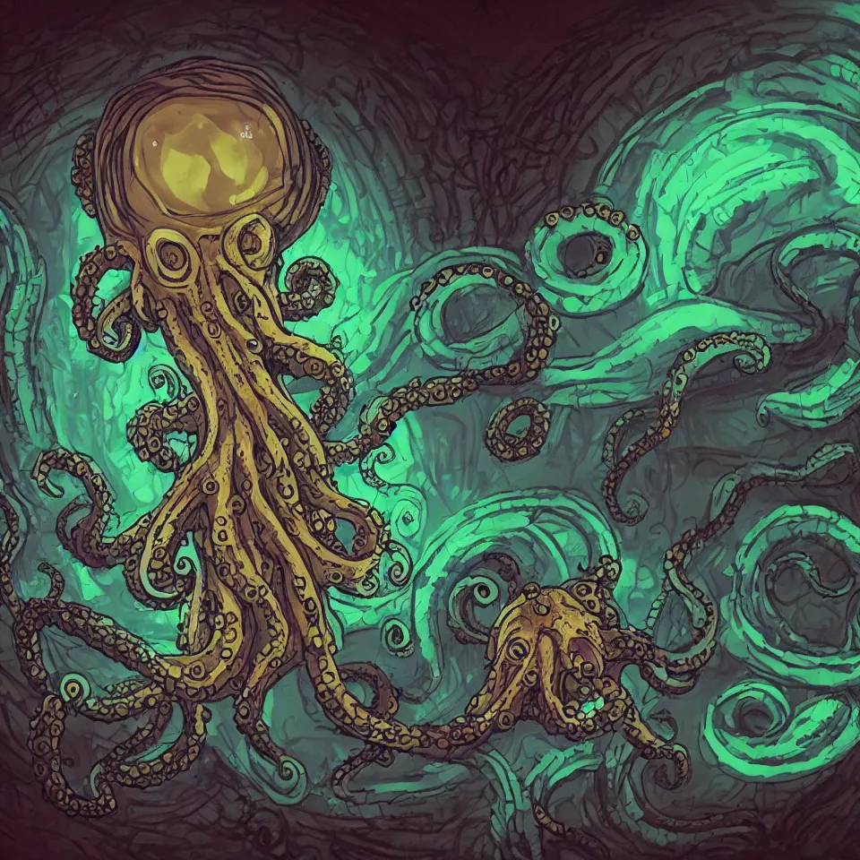 Image similar to alien octopus spider with kraken head, in a dark cave with glowing writing on the walls, contrasting colors, in the style of Kristian Wåhlin