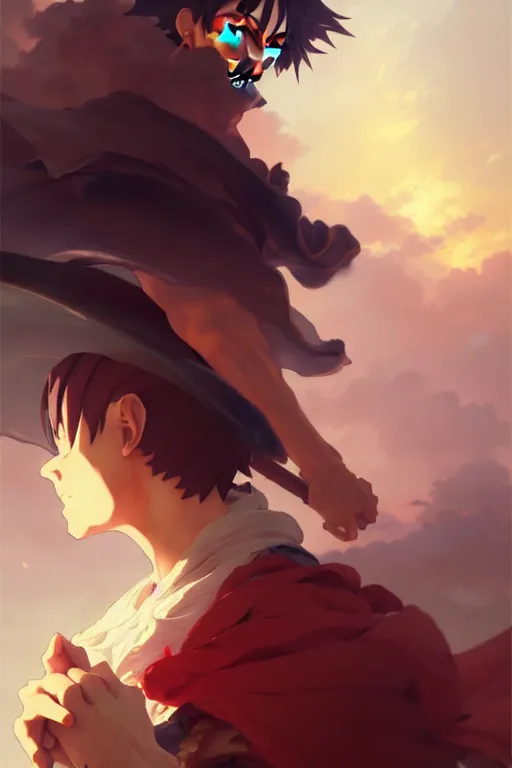 Image similar to baroque oil painting full body portrait character concept art, anime key visual of luffy studio lit directed gaze, trending on pixiv fanbox, painted by greg rutkowski makoto shinkai takashi takeuchi studio ghibli