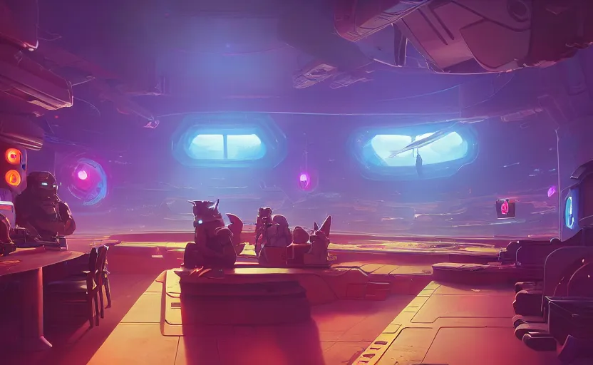 Image similar to a bounty hunter bar in a space opera studio ghibli animated film, global illumination, beautiful composition, volumetric lighting, octane render by artgerm, loish, alena aenami, highly detailed