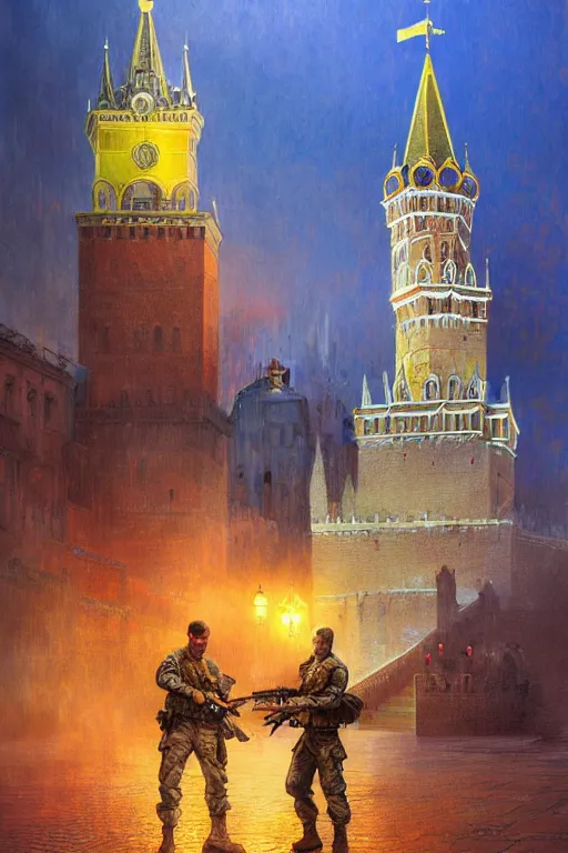 Image similar to special forces soldier installin ukrainian blue and yellow flag on red square kremlin, masculine figure, d & d, fantasy, bright atmosphere, volumetric lights, intricate, elegant, extremely detailed, digital painting, artstation, concept art, matte, smooth, sharp focus, hyper realistic, illustration, art by artgerm and greg rutkowski and alphonse mucha