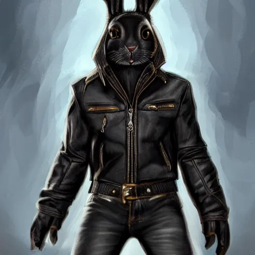 Prompt: A bunny with a small head wearing a fine intricate leather jacket and leather jeans and leather gloves, trending on FurAffinity, digital art, highly detailed, digital fantasy art, FurAffinity, favorite, character art