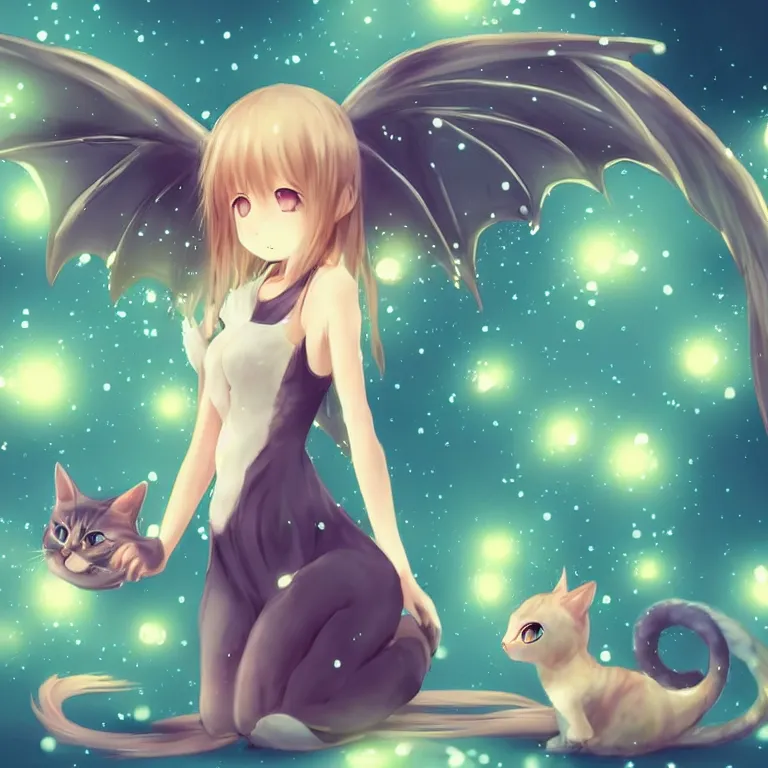 Image similar to cute, full body, female, anime style, a cat girl with fairy wings patting a small dragon, large eyes, beautiful lighting, sharp focus, simple background, creative, heart effects, filters applied, illustration