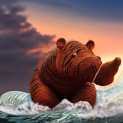 Prompt: a closeup photorealistic render of a cute knitted tiger hippopotamus riding a large wave during sunset. surf in the background. detailed stitching. professional capture. brightly lit scene. this 4 k hd image is trending on artstation, featured on behance, well - rendered, extra crisp, features intricate detail, epic composition and the style of unreal engine.