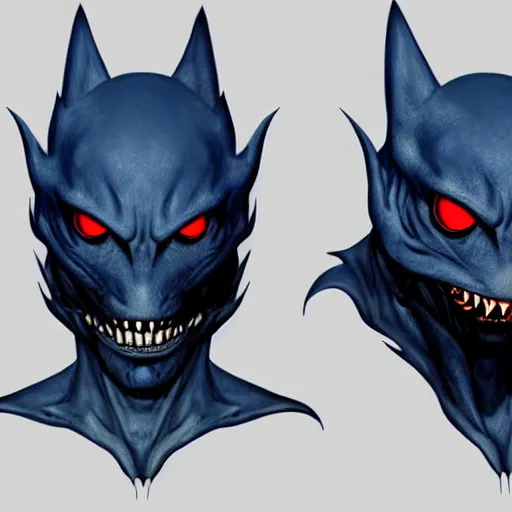 Image similar to front and back character view of scary, giant, mutant, mutated, dark blue humanoid bat, glowing red eyes, flying above a stormy ocean, sharp teeth, acid leaking from mouth, realistic, giant, bat ears, bat nose, bat claws, bat wings, furred, covered in soft fur, detailed, trending on artstation clean concept art and sheet that using unreal engine 5 render and hyper detailed 3D texture with cinematic software light 85mm f/1.4