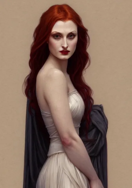 Image similar to sansa angeline jolie gessica chastain vampire, intricate, elegant, highly detailed, digital painting, artstation, concept art, smooth, sharp focus, illustration, art by artgerm and greg rutkowski and alphonse mucha and william - adolphe bouguereau