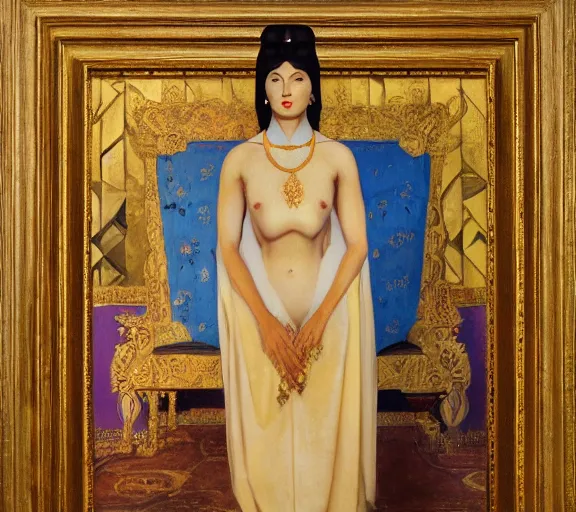 Image similar to an oil painting a queen standing in a throne room by nicholas roerich, by gustave moreau, by james hawe, by frank frazetta, by georgia o keeffe, highly detailed, realistic, realism, manierism, oil painting