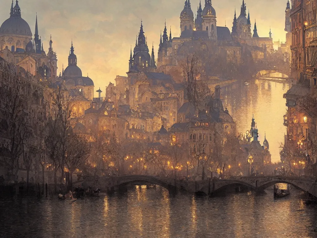 Image similar to a view from the river of a city resembling prague, paris, and venice at dusk, intricate, elegant, highly detailed, digital painting, artstation, concept art, smooth, sharp focus, colored illustration for tattoo, art by krenz cushart and artem demura and alphonse mucha,