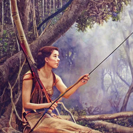 Image similar to film still of a female heroine in the jungle hunting with bow and arrow, by tori seubert, realistic