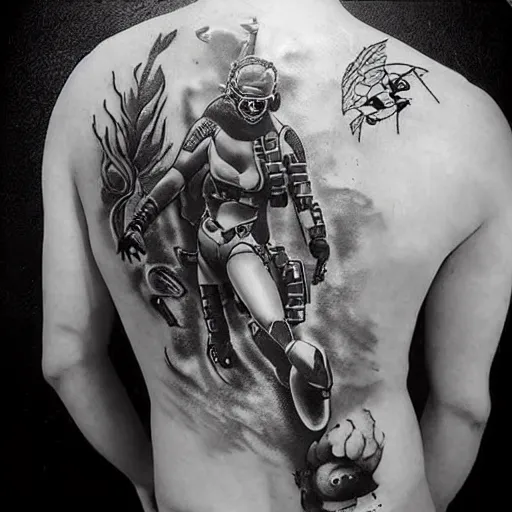 Image similar to cyberpunk underwater diver, black and white tattoo design, stencil, on white skin, by artgerm