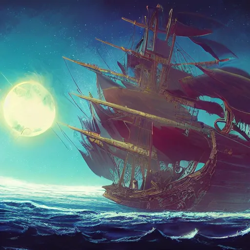 Prompt: pirate ship sailing through space with distant planets visible in the background, trending on artstation, ultra fine detailed, hyper detailed, hd, concept art, digital painting