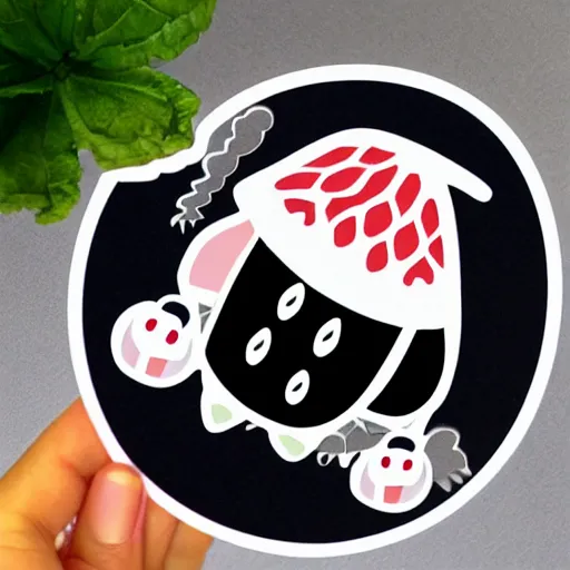 Image similar to hand holding cartoon diecut sticker of cute kawaii watermellon slice with white border and light gray background