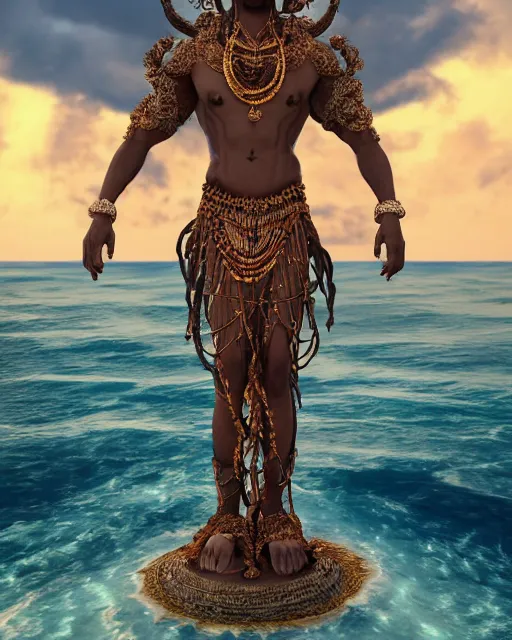 Image similar to a beautiful illustration of an orisha god, intricate and detailed, beautiful sea in the background, epic sky, vray render, artstation, deviantart, pinterest, 5 0 0 px models