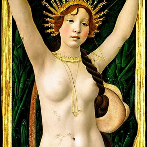 Prompt: jennifer lawrence as the goddess of spring, elegant portrait by sandro botticelli, detailed, symmetrical, intricate