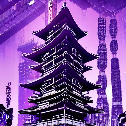 Image similar to Futuristic Pagoda Shrine in Tokyo megapolis in style of Tsutomu Nihei in purple and black tones. ArtStation, Cyberpunk, vertical symmetry, 8K, Highly Detailed, Intricate, Album Art.