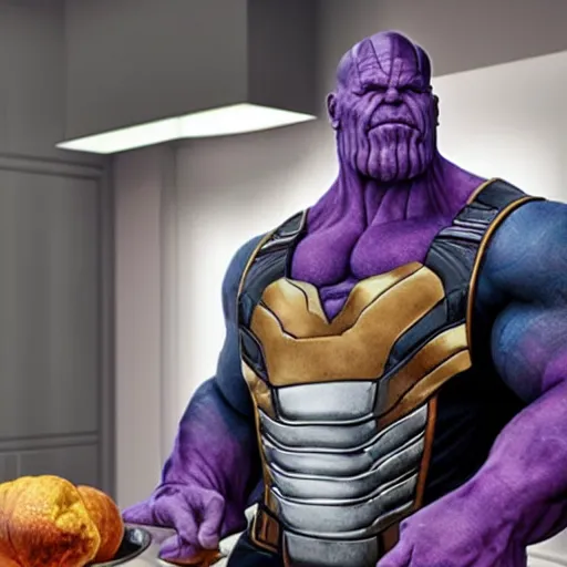 Image similar to photo of thanos wearing a kitchen morto