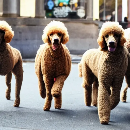 Image similar to a gang of poodles terrorizing the city