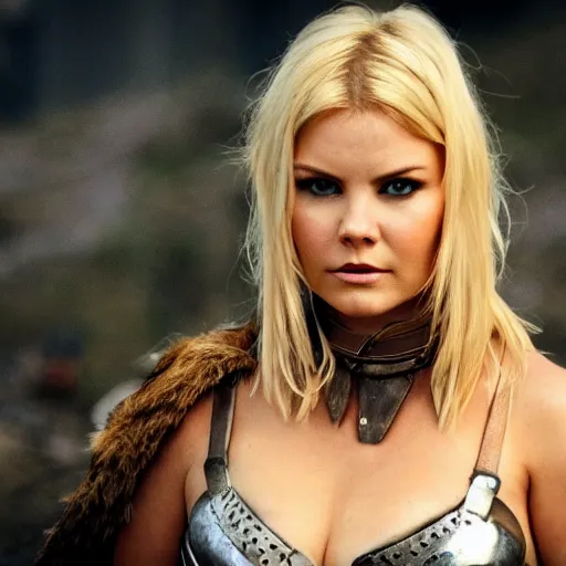 Image similar to elisha cuthbert as a barbarian warrior in a dystopian future battleground