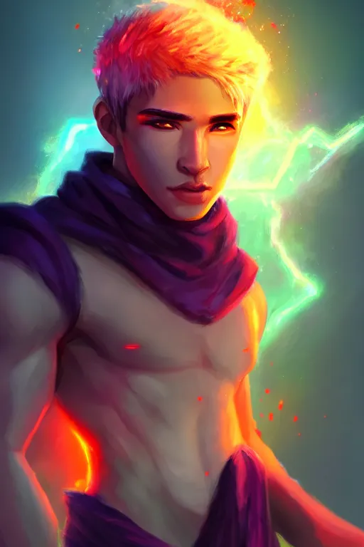 Prompt: a human elemental sorcerer, mountainous setting, colorful magic effects, white skin, portrait, young male, sharp focus, digital art, concept art, trending on artstation, dynamic lighting, by emylie boivin