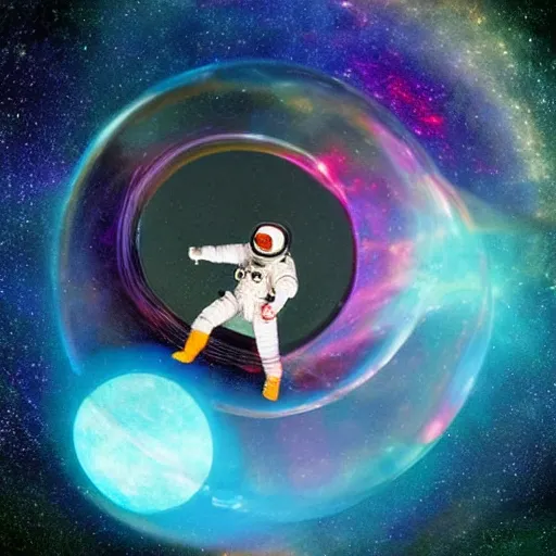 Image similar to ”astronaut in a soap bubble floating into a mysterious vortex in a strange galaxy, [epic, colorful, aweinspiring, otherwordly]”