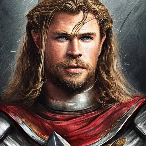 Prompt: a portrait of a medieval knight drawn in the style of tony sart, face of chris hemsworth with a short beard and short blonde hair, trending on artstation, realistic, detailed