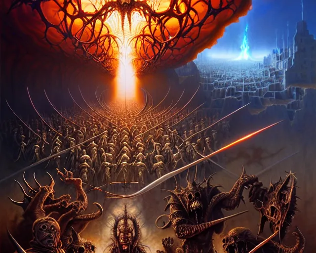 Image similar to the army of darkness and hell, fantasy character portrait made of fractals facing each other, ultra realistic, wide angle, intricate details, the fifth element artifacts, highly detailed by peter mohrbacher, hajime sorayama, wayne barlowe, boris vallejo, aaron horkey, gaston bussiere, craig mullins