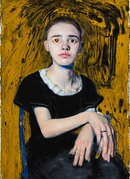 Image similar to portrait of a 1 5 year old girl jester sitting on a stool, by vincent lefevre and hernan bas and pat steir and hilma af klint, psychological, photorealistic, symmetrical face, dripping paint, washy brush, threads, rendered in octane, altermodern, masterpiece