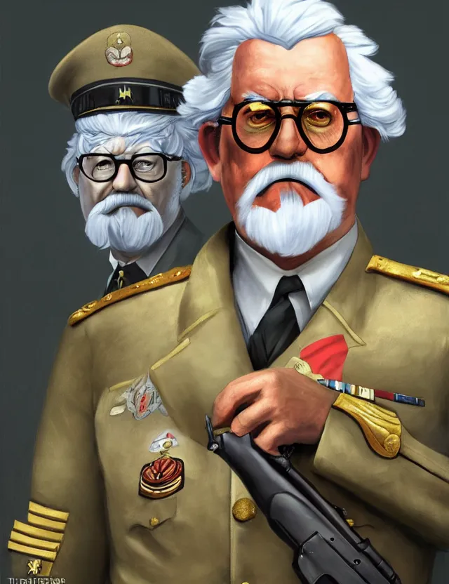 Image similar to a portrait of colonel sanders wearing a military uniform and an eyepatch, by moebius and tyler edlin and hr giger, trending on artstation, digital art, 4 k resolution, detailed, high quality, sharp focus, hq artwork, coherent, insane detail, concept art