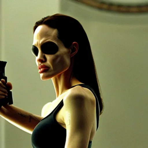 Image similar to close - up of angelina jolie as agent smith in the matrix, movie still frame, promotional image, imax 7 0 mm footage