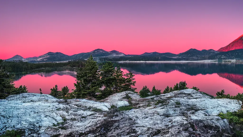 Prompt: mountain with a lake and a red sky