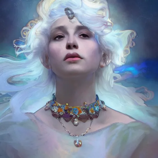 Image similar to a beautiful white haired young 🦍, adorned with precious stones, tiara and necklace by jeremy mann and alphonse mucha, photo realistic, dynamic lighting, windy, artstation, poster, dreamy, volumetric lighting, ethereal, 4 k, high detail