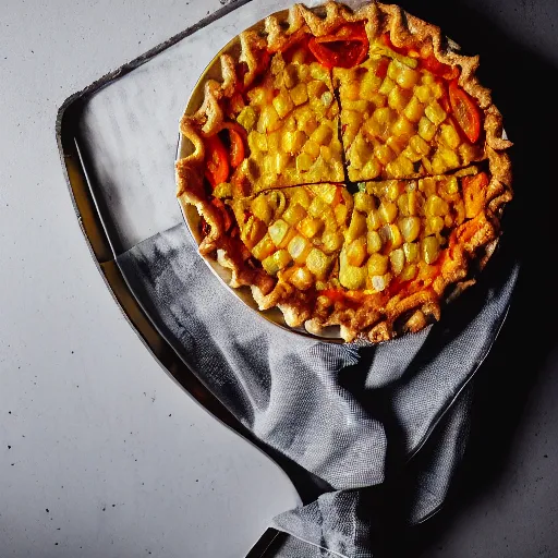 Prompt: tomato corn pie sitting in windowsill food photography studio lighting medium format photography