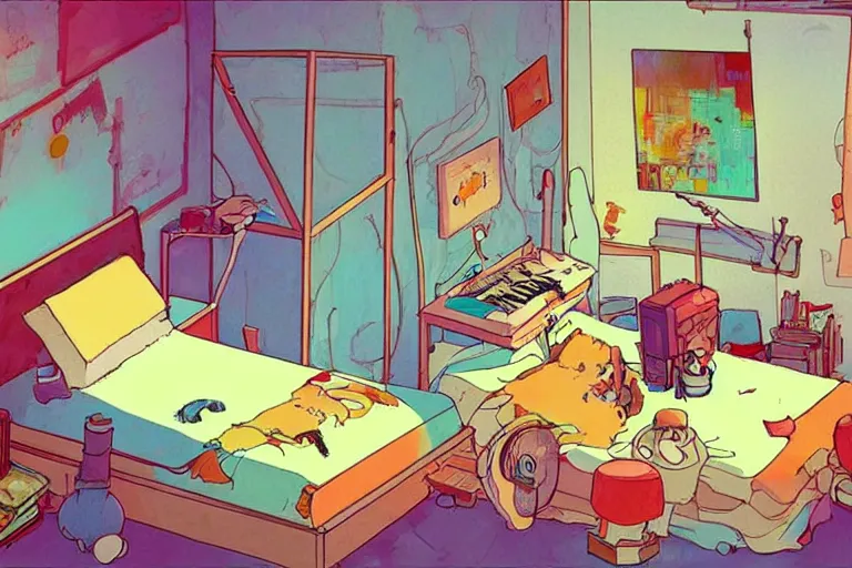 Image similar to messy bedroom, style of studio ghibli + moebius + basquiat, cute, lofi, artstation