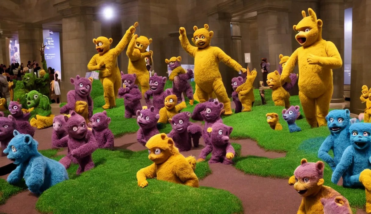 Image similar to diorama at the american museum of natural history, new york, of teletubbies as furry animals