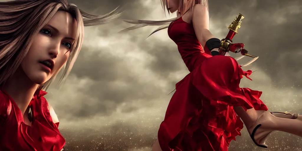 Prompt: epic scene of very attractive final fantasy vii female character, detail face, lovely eyes and detailed lips, with amazing detail red dress, feet in high heels ) ( fighting ) hyper realistic 3 d render, art station, particles, epic scene, mucha, clouds, seductive jump pose, blur focus, action,