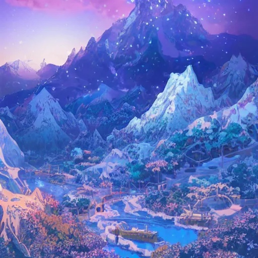 Image similar to the aesthetic view of the beautiful, grand, wistful, dreamy snowcapped mountain at dusk, hyperrealistic anime illustration by iralki nadar, colorful, extremely detailed, intricate linework, super sharp focus, bright colors, octopath traveler, studio ghibli, unreal engine 5 highly rendered, global illumination, radiant light, detailed and intricate environment