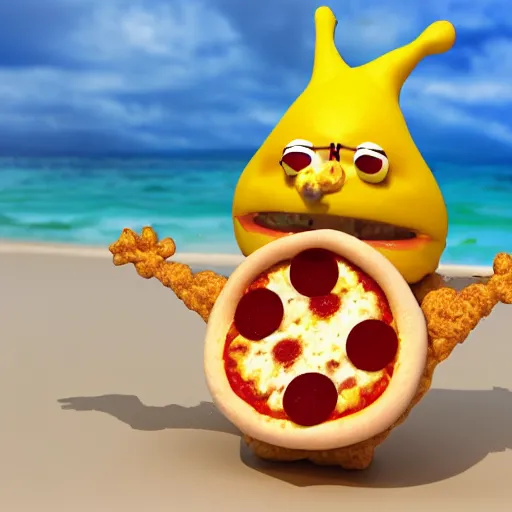 Image similar to an pizza creature enjoying the beach, 3 d render