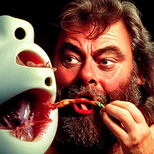 Image similar to film still close up shot of brian blessed swallowing a fish whole