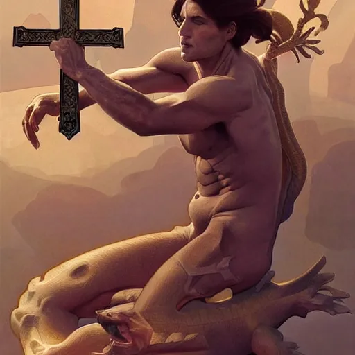 Prompt: fullbody!! dynamic action pose, christ as a scaly cold blooded reptilian lizard holding a holy cross in his claws, intricate, elegant, highly detailed, digital painting, artstation, concept art, smooth, sharp focus, illustration, art by artgerm and greg rutkowski and alphonse mucha